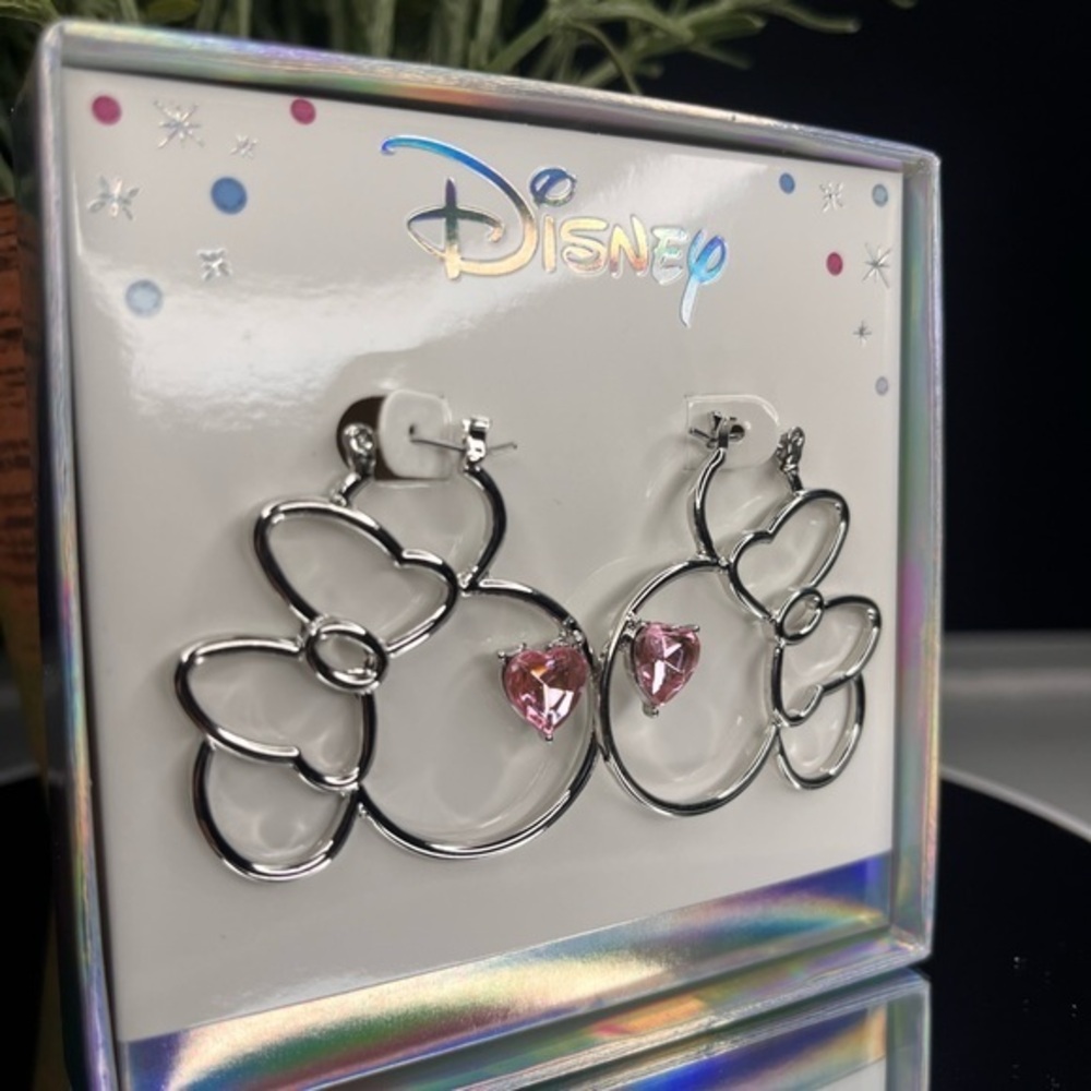 Disney Mickey Mouse Silver Outline Earrings Pink Heart Crystal NWT